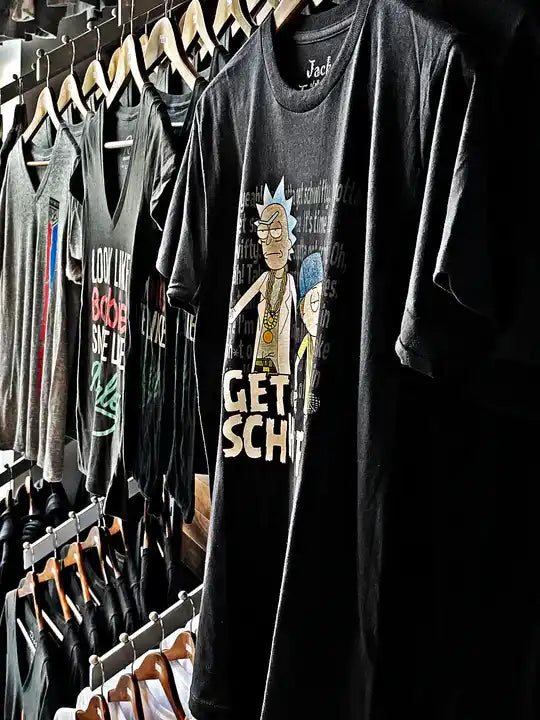 Black t-shirt with Rick and Morty cartoon character design and text.
