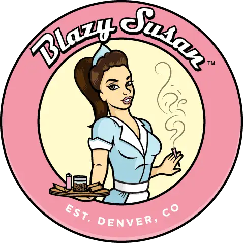 Blazy susan logo sticker featuring a waitress in blue and pink attire, holding a tray with cannabis products.