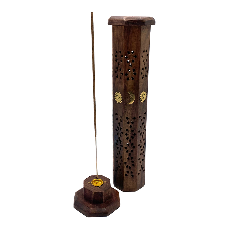 Inhal'Nation - Wooden Incense Burner - Tower Style - Moon and Sun